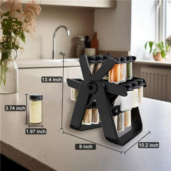 Rotating spice rack with 18 glass jars ferris wheel countertop kitchen organizer - Picture 3 of 8